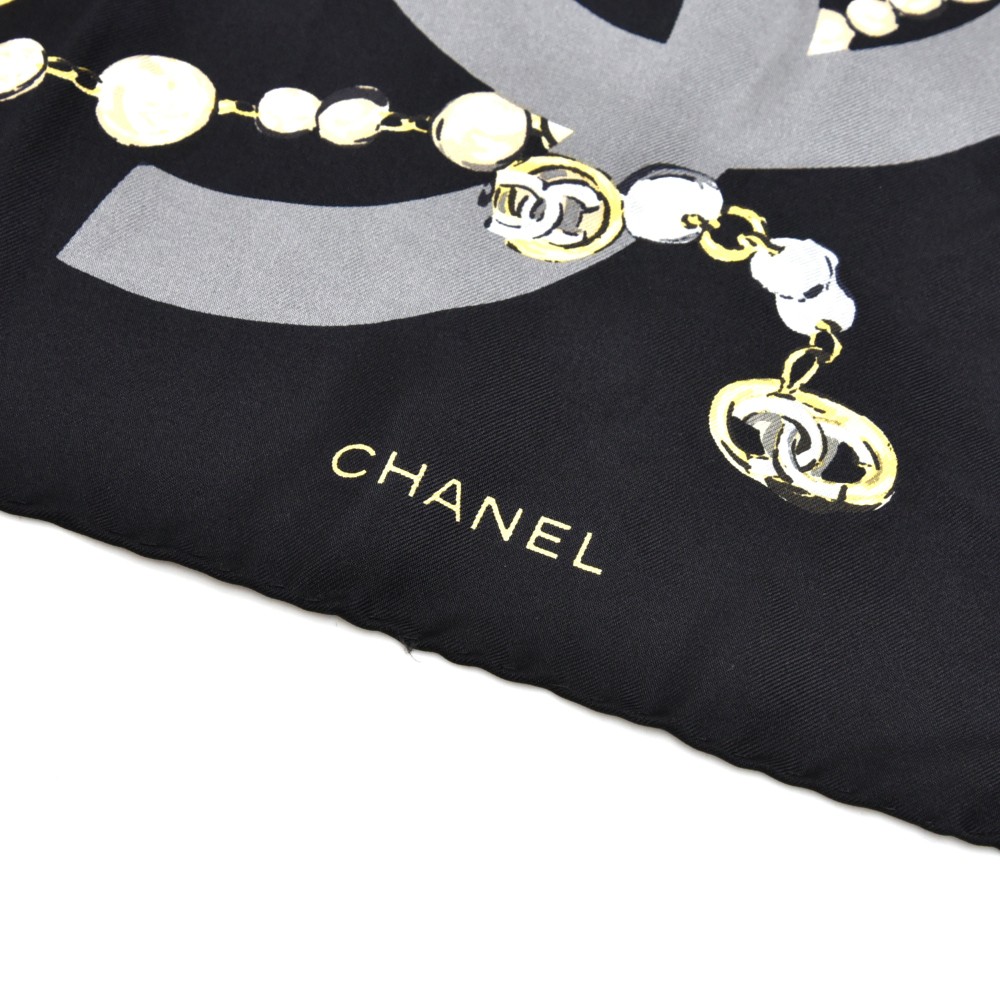 Chanel Vintage Chanel Pearl CC Logo Charms & Gold Chain Black Silk