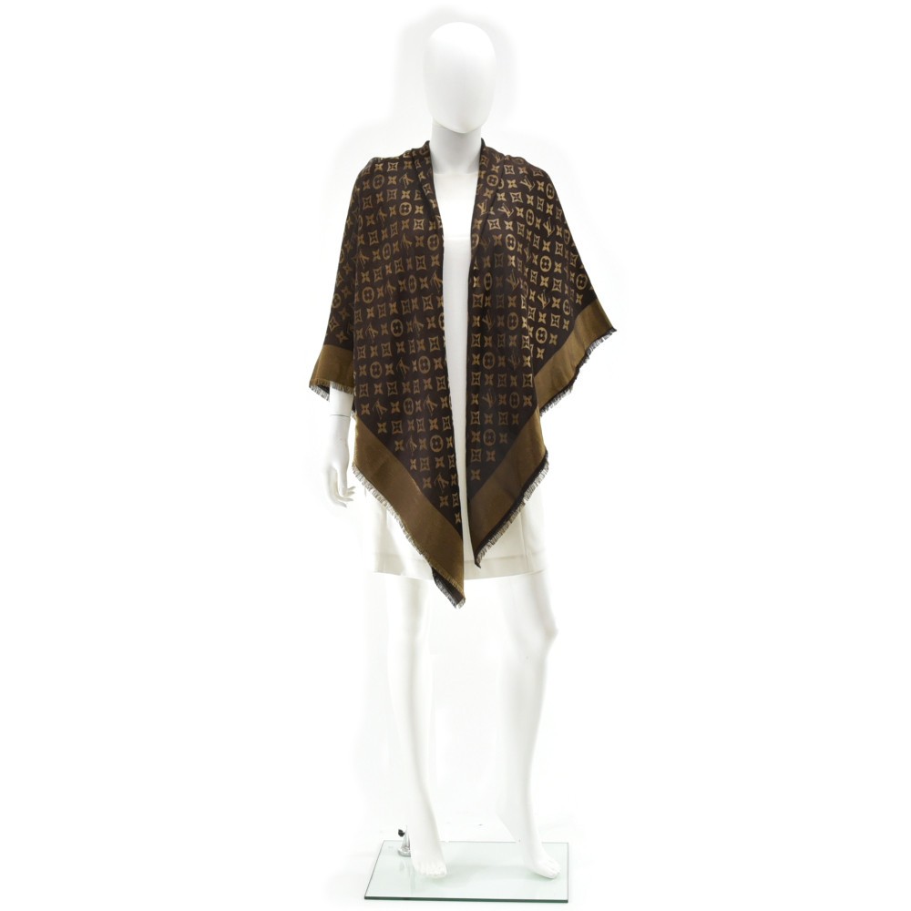 Louis Vuitton Macassar Brown Silk Shine Shawl Scarf Jacquard Yarn