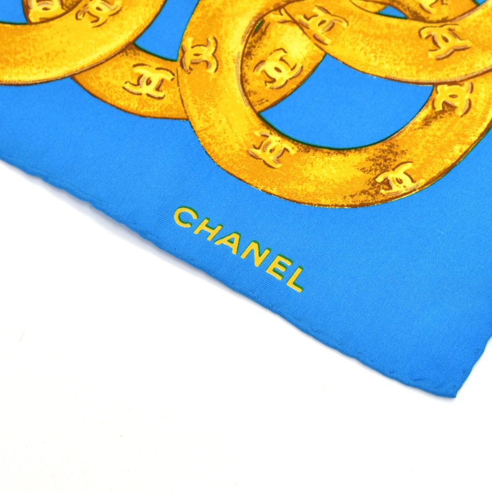 Chanel Vintage Chanel Blue & Gold Chain Medallion CC Logo Silk Scarf