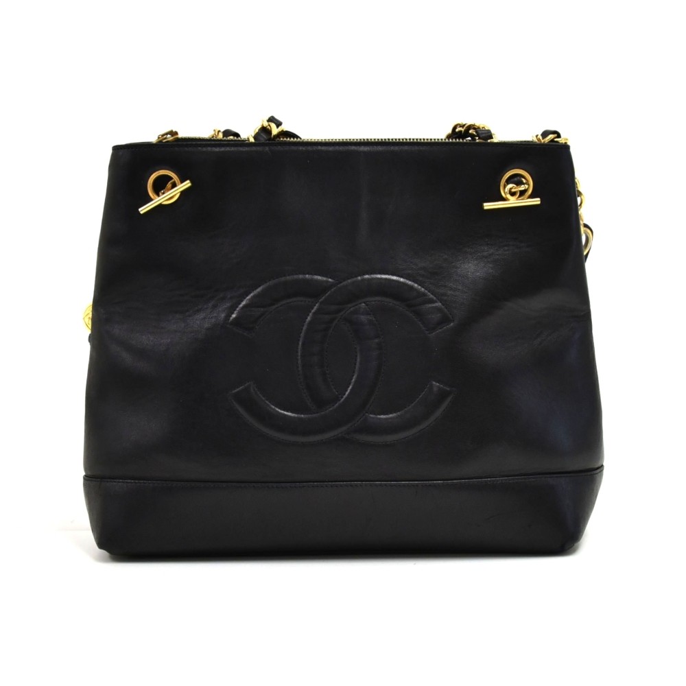 Vintage Chanel Black Lambskin Leather Large CC Logo Chain Tote