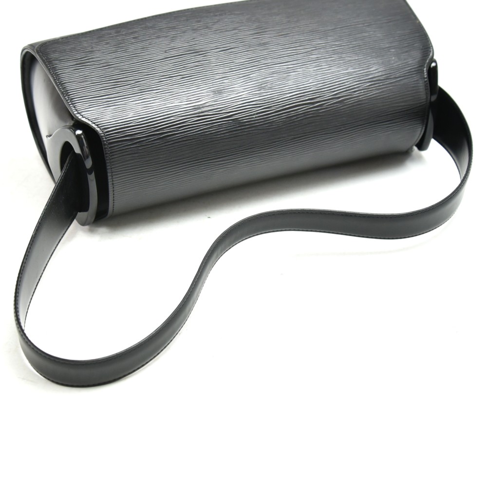 LOUIS VUITTON EPI LEATHER NOCTURNE SHOULDER BAG, black leather with dark  grey suede lining, detachable handle, magnetic flap closure, bottom feet,  26cm x 12cm H x 10cm.