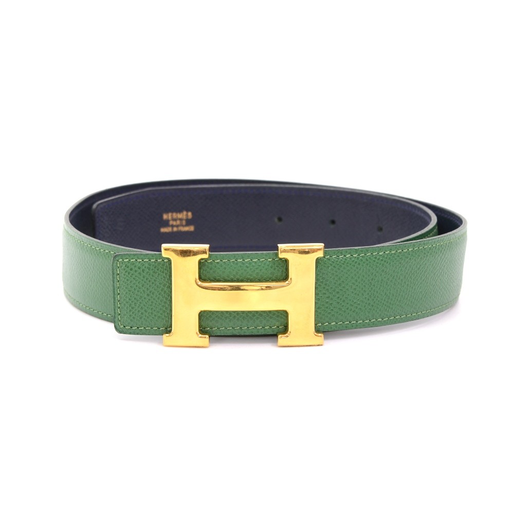 x navy Leather Belt Gold Tone H Buckle