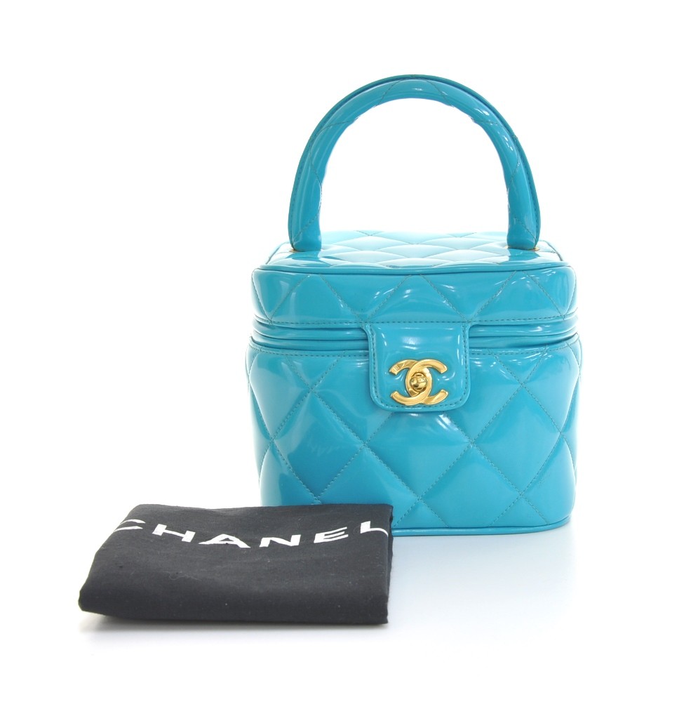 Chanel Chanel Blue Quilted Patent Leather Vanity Cosmetic Hand Bag