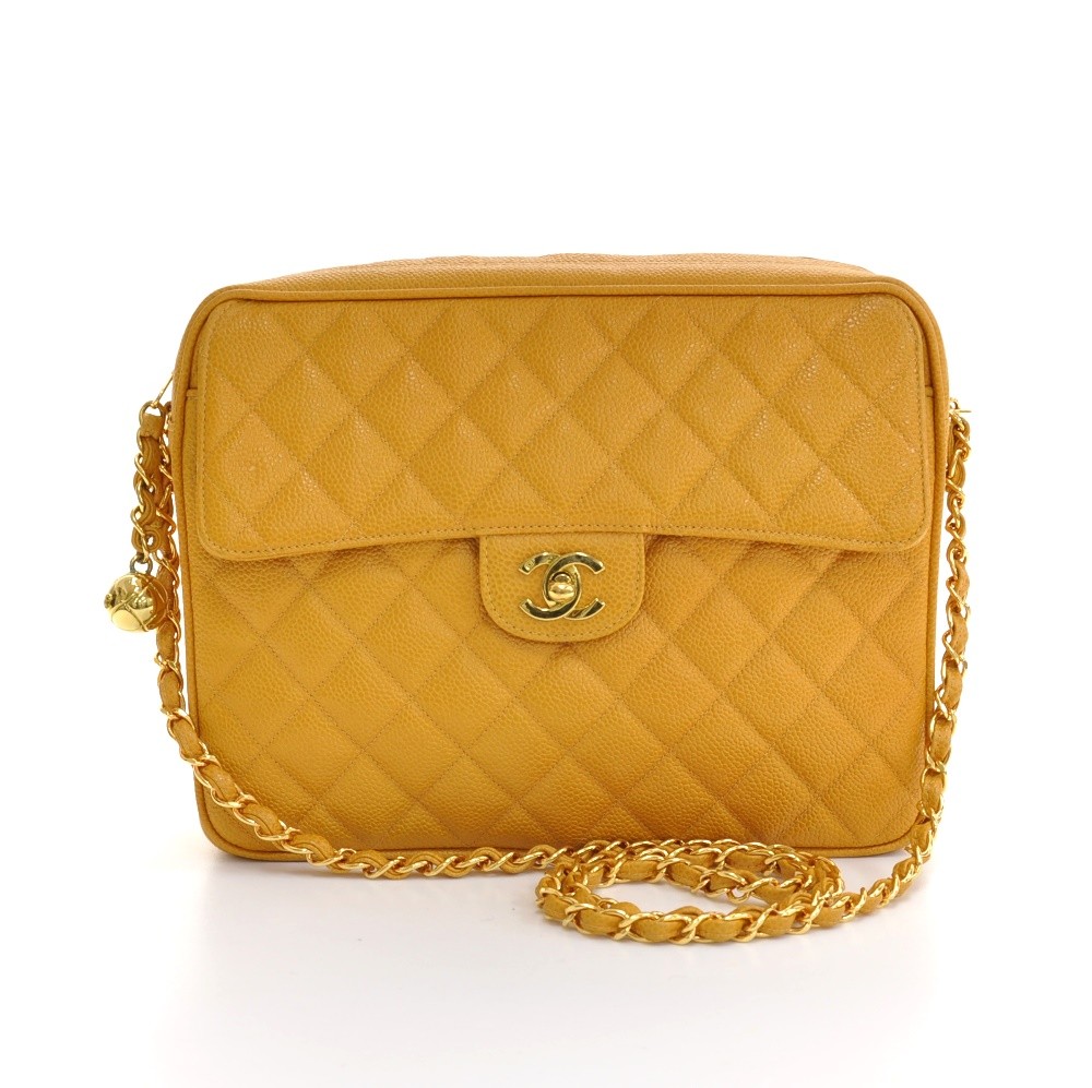 Vintage Chanel Dark Yellow Caviar Quilted Leather Shoulder Bag