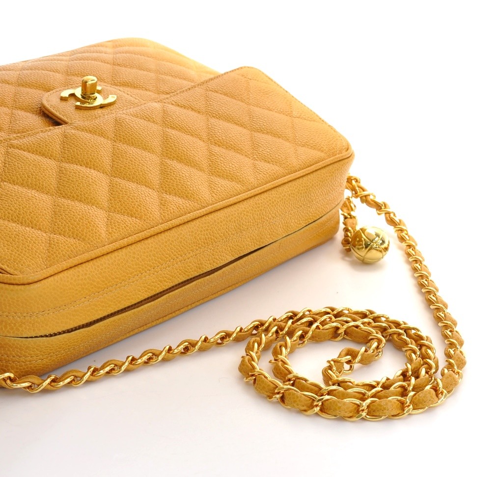 CHANEL Shiny Caviar Quilted Small Chain Melody Flap Yellow 942404