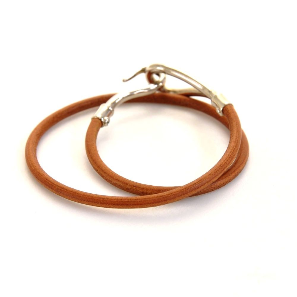 hermes brown leather x silver tone hook double wrap jumbo bracelet 7  