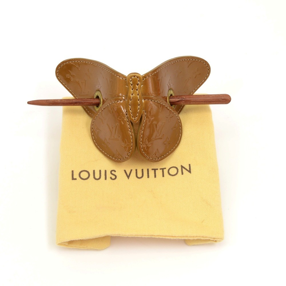 LOUIS VUITTON Calfskin Butterfly Hair Pin Barette Brown 212272