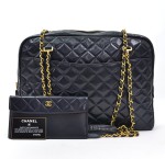 Chanel Navy Quilted Leather Tote Shoulder Bag Gold Chain CC SS443