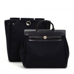Hermes Herbag Ado 2 in 1 Black Canvas x Leather  Backpack Bag
