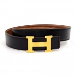 Hermes Black Leather x Gold Tone H Buckle Belt Size 80