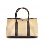 Hermes Garden Party Dark Brown Leather Beige Canvas Hand Bag MM