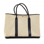 Hermes Garden Party GM Black Leather Beige Canvas Hand Bag