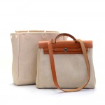 Hermes Herbag MM 2 in 1 Beige Canvas Brown Leather Shoulder Hand Bag