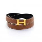 Hermes Brown x Black Leather x Gold Tone H Buckle Skinny Belt Size 65