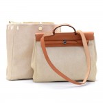Hermes Herbag MM 2 in 1 Beige Canvas Brown Leather Shoulder Hand Bag