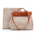 Hermes Herbag MM 2 in 1 Beige Canvas Brown Leather Shoulder Hand Bag