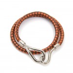 Hermes Brown x Orange Leather x Silver Tone Hook Double Wrap Jumbo Bracelet