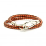 Hermes Brown x Orange Leather x Silver Tone Hook Double Wrap Jumbo Bracelet