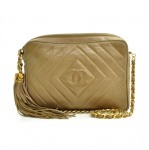 Chanel Taupe Quilted Leather Fringe Shoulder Pochette Bag