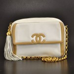 Vintage Chanel White Caramel Leather Fringe Shoulder Pochette Bag