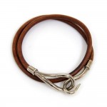 Hermes Brown Leather x Silver Tone Hook Double Wrap Jumbo Bracelet