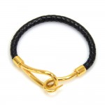 Hermes Black Leather x Gold Tone Hook Jumbo Bracelet