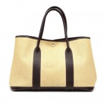 Hermes Garden Party PM Brown Leather Beige Canvas Hand Bag