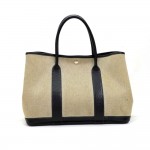 Hermes Garden Party PM Black Leather Beige Canvas Hand Bag