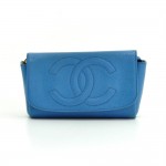 Chanel Vintage Blue Caviar Leather Flap Cosmetic Pouch With Mirror