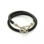 Hermes Black Leather x Silver Tone Hook Double Wrap Jumbo Bracelet