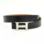 Hermes Black x Brown Leather x Silver Tone H Buckle Belt Size 70