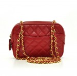 Vintage Chanel 8inch Red Quilted Lambskin Leather Shoulder Pochette Bag