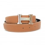 Hermes Brown x Black Leather x Silver Tone H Buckle Belt Size 85