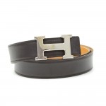Hermes Brown x Black Leather x Silver Tone H Buckle Belt Size 80
