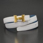Hermes Blue x White Leather x Gold Tone H Buckle Belt Size 85