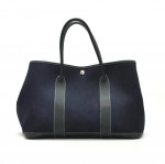 Hermes Garden Party PM Navy Leather Canvas Hand Bag