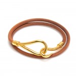 Hermes Brown Leather x Gold Tone Hook Double Wrap Jumbo Bracelet