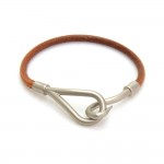 Hermes Brown Leather x Silver Tone Hook Jumbo Bracelet