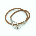 Hermes Brown Leather x Silver Tone Hook Double Wrap Jumbo Bracelet