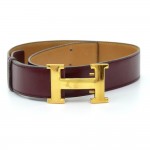 Hermes Brown x Burgundy Leather x Gold Tone H Buckle Belt
