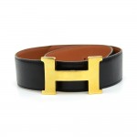 Hermes Brown x Black Leather x Gold Tone H Buckle Large Belt