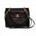 Vintage Chanel Black Leather Medium Shoulder Tote Bag
