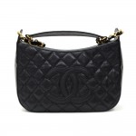 Chanel 11" Black Quitled Caviar Leather Medium Shoulder Bag