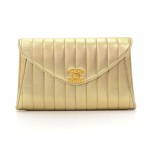 Vintage Chanel 9" Gold Tone Vertical Quilted Leather Clutch Bag