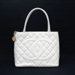 Chanel White Quilted Caviar Leather Tote Hand Bag Medallion