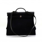 Hermes Herbag MM Black Canvas Leather Shoulder Hand Bag