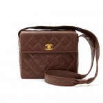 Vintage Chanel 9" Dark Brown Quilted Caviar Leather Shoulder Pochette Bag With Mirror