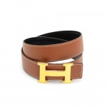 Hermes Brown x Black Leather x Gold Tone H Buckle Belt Size 65