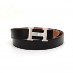 Hermes Brown x Black Leather x Silver Tone H Buckle Belt Size 85