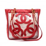 Chanel 12" Triple CC Red Leather x Clear Vinyl Medium Shoulder Tote Bag
